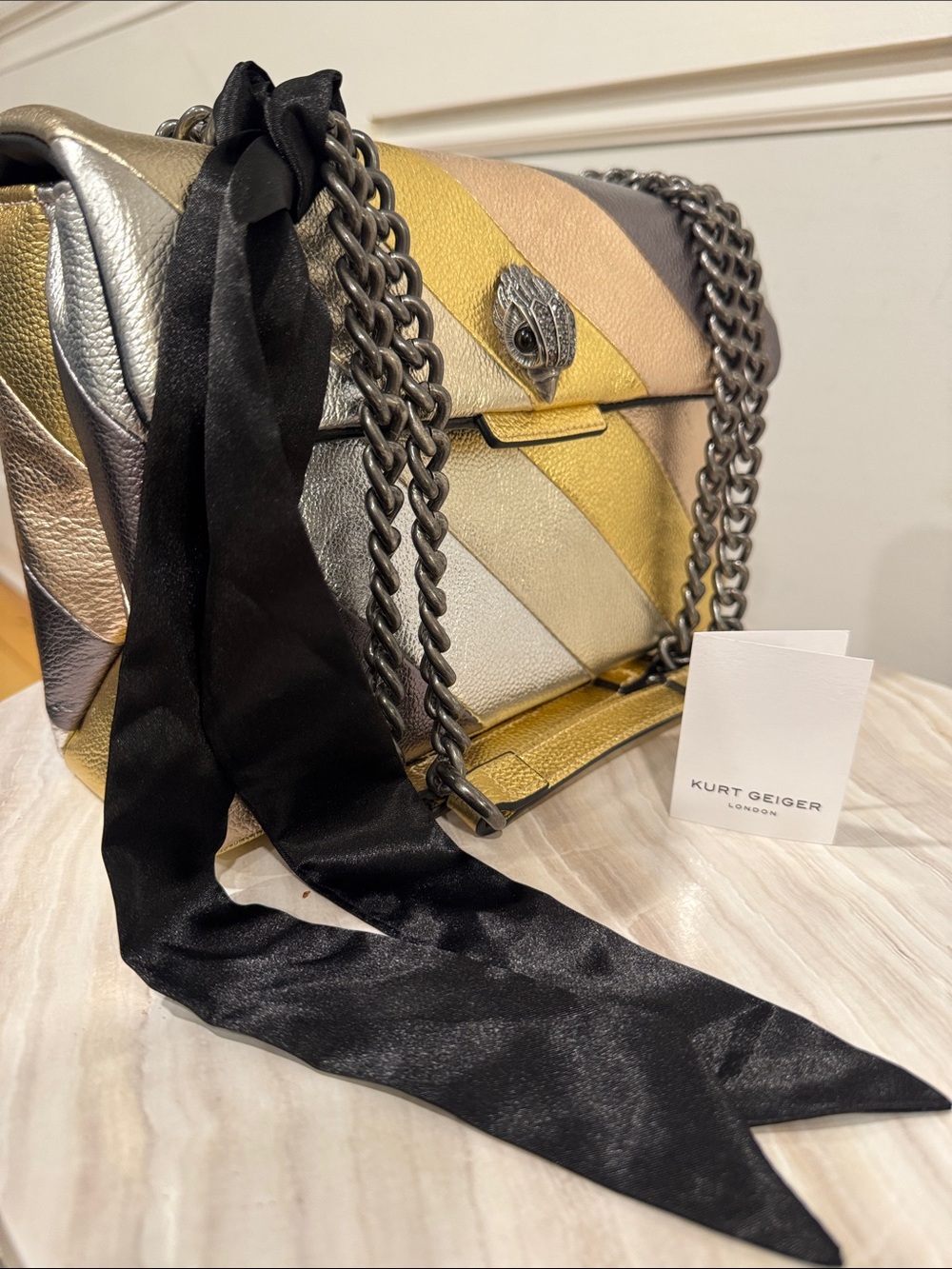 Kurt Geiger Bag Large Kensington Metallic Gold Silver Gray Stripe Shoulder Bag